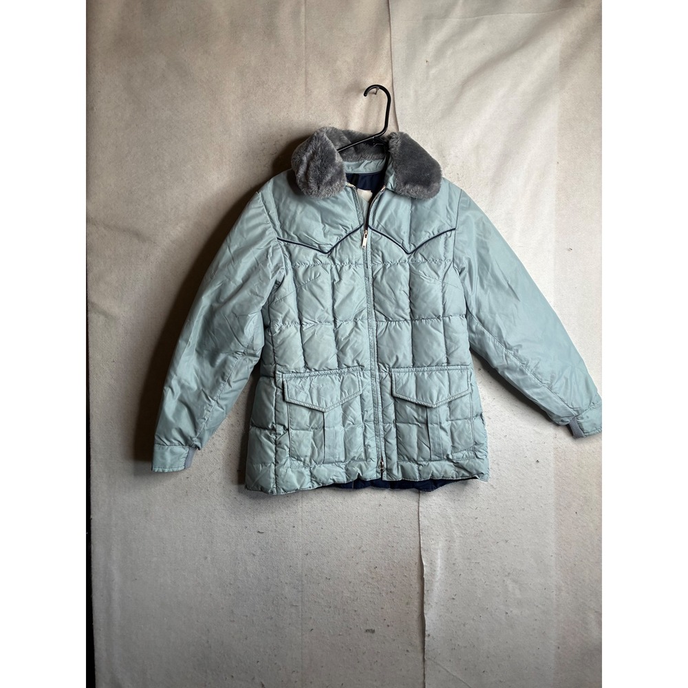 Vintage Comfy Down Puffer Jacket Sz 14 Blue Faux Fur Collar Western Made in USA